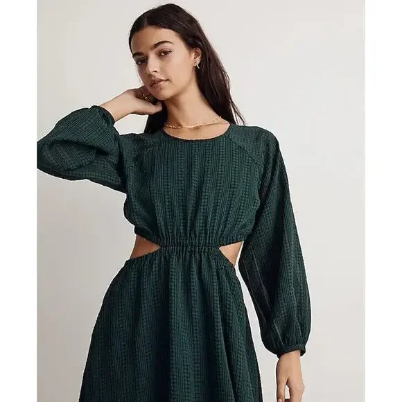 Madewell Long Sleeve Cutout Midi Dress Smoky Spruce Green Black Women's Medium - Picture 4 of 16